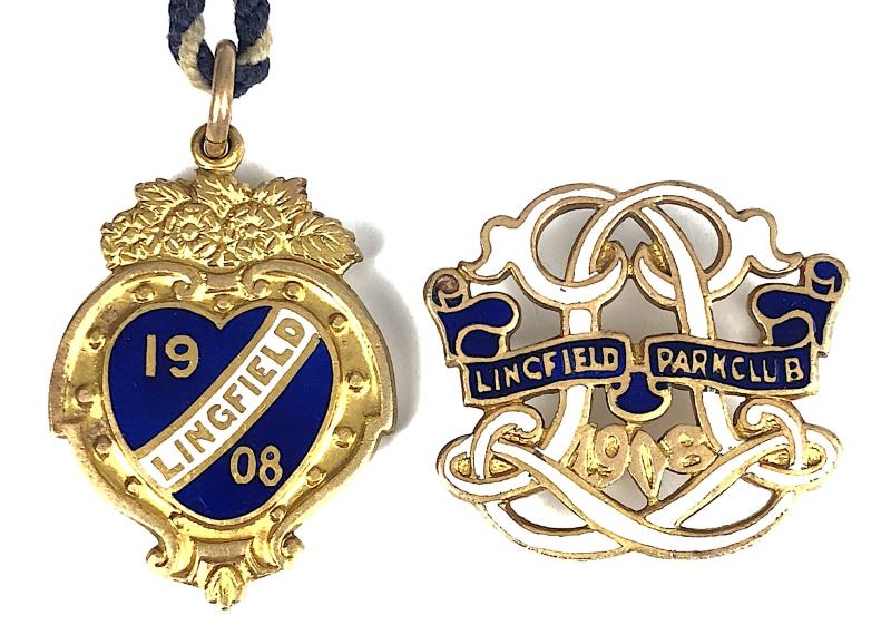 1908 Lingfield Park Club matching numbers pair of horse racing badges