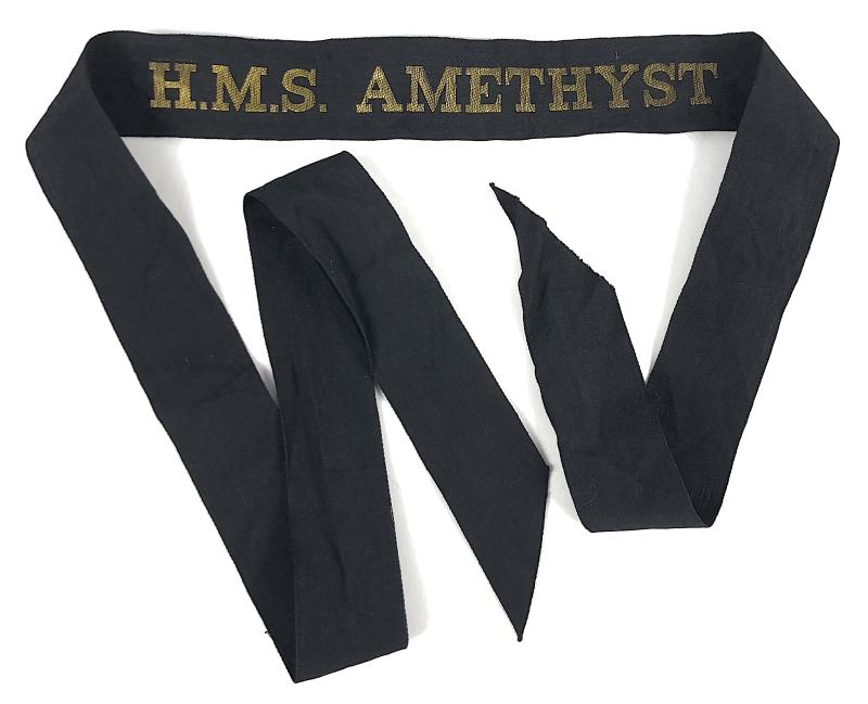 Royal Navy H.M.S. Amethyst cap tally silk ribbon badge approx 98mm.
