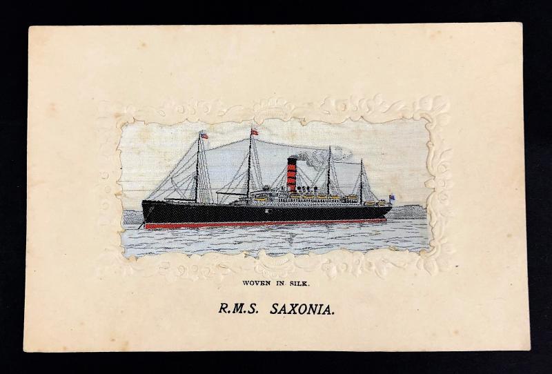 R.M.S. Saxonia Stevengraph woven silk postcard dated 1906