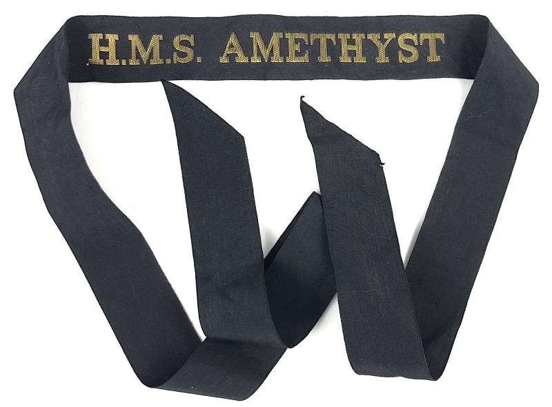 Royal Navy H.M.S. Amethyst cap tally silk ribbon badge approx 120mm.