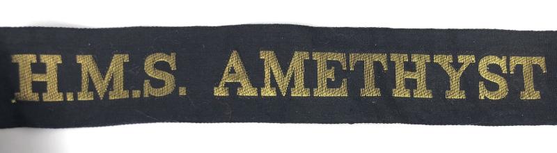 Royal Navy H.M.S. Amethyst cap tally silk ribbon badge approx 120mm.