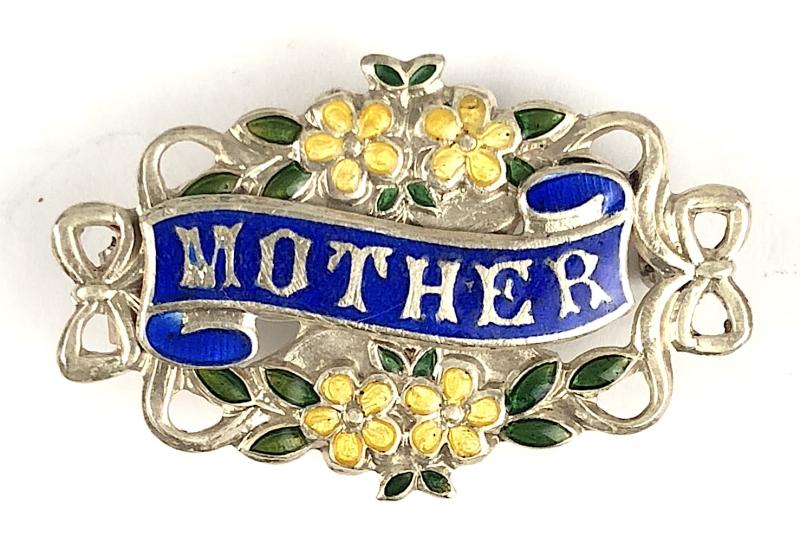 Sentimental Primrose Decorated Silver & Enamel MOTHER Brooch circa 1920