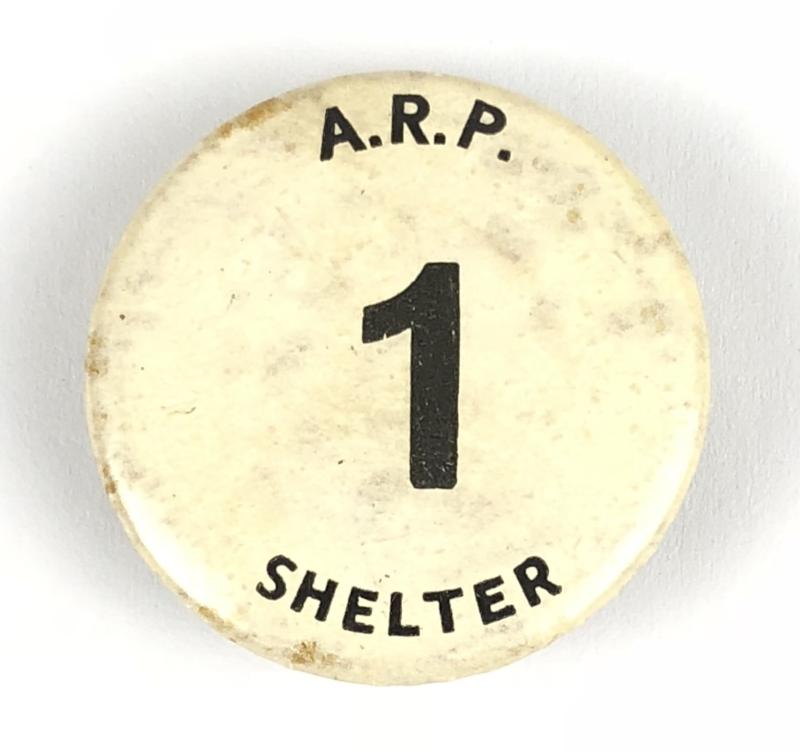 Air Raid Precautions A.R.P. 1 SHELTER Celluloid Tin Button Badge