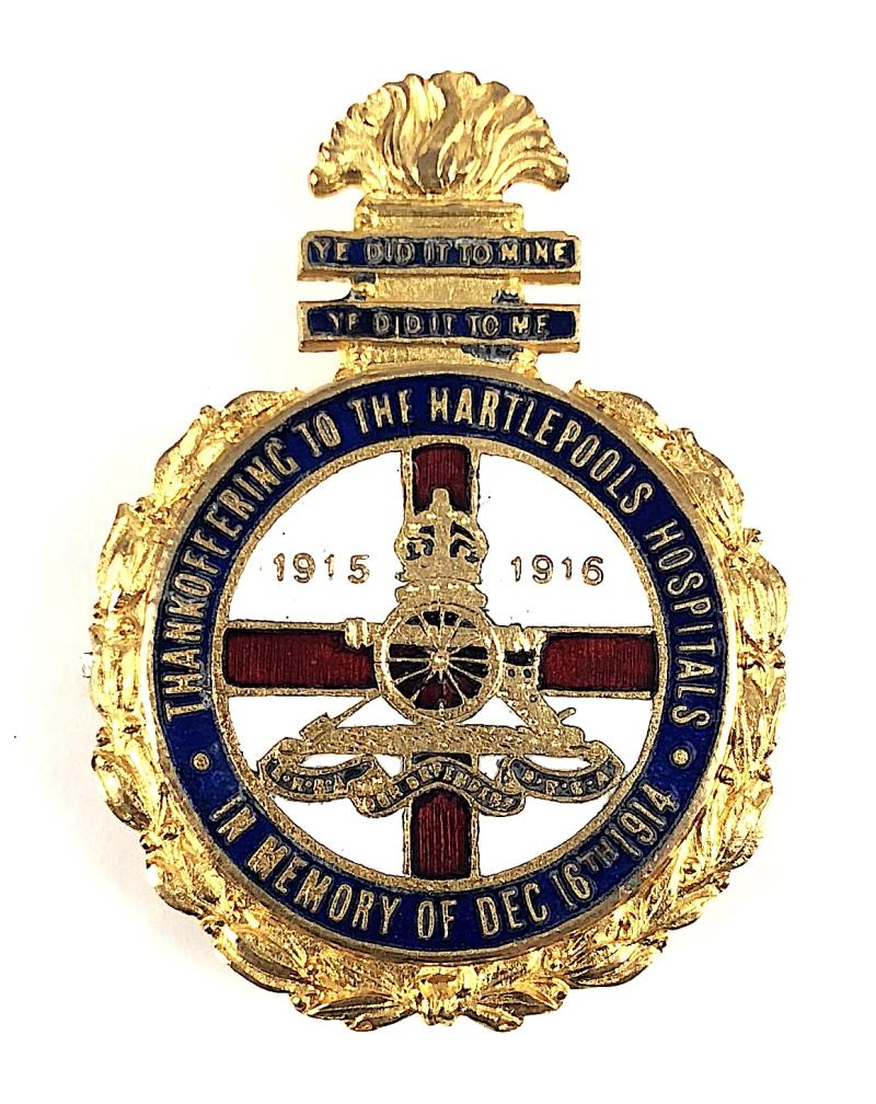 WW1 Hartlepools Hospitals Bombardment Durham RGA tribute badge