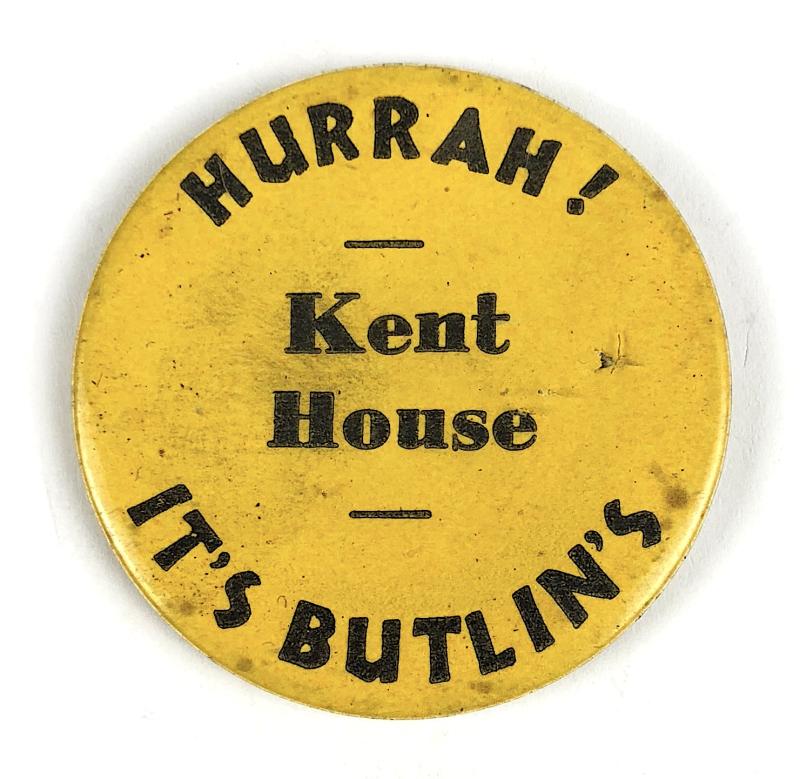 Hurrah ! It's Butlin's Kent House celluloid tin button badge Pin Absent