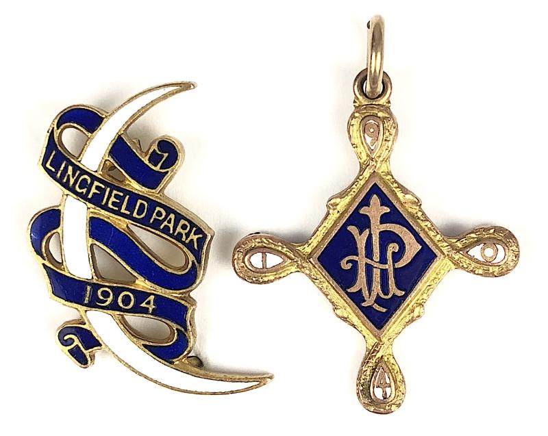 1904 Lingfield Park Racecourse Edwardian horse racing club pair of badges cord & pin ABSENT