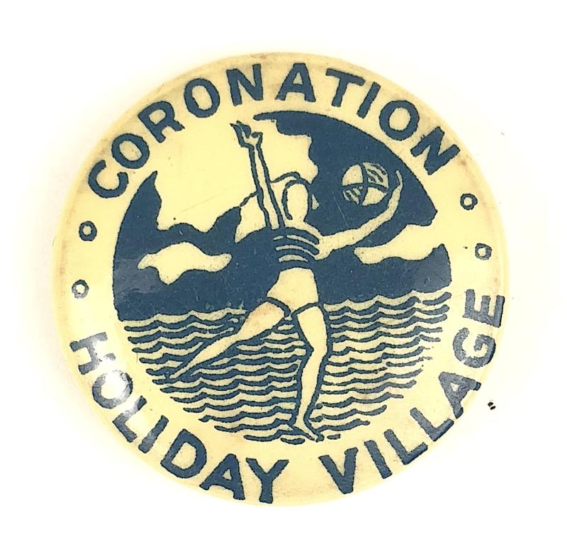 Coronation Holiday Village celluloid tin button badge Hayling Island