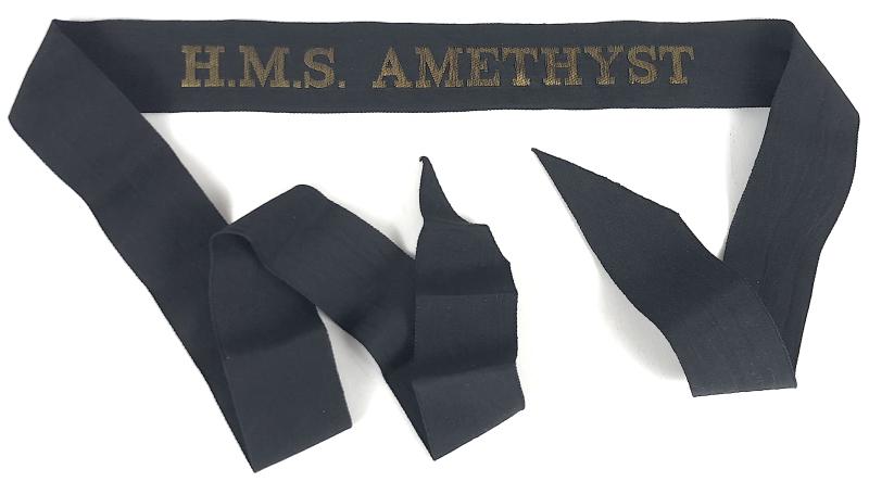 Royal Navy H.M.S. Amethyst cap tally silk ribbon badge approx 88mm.