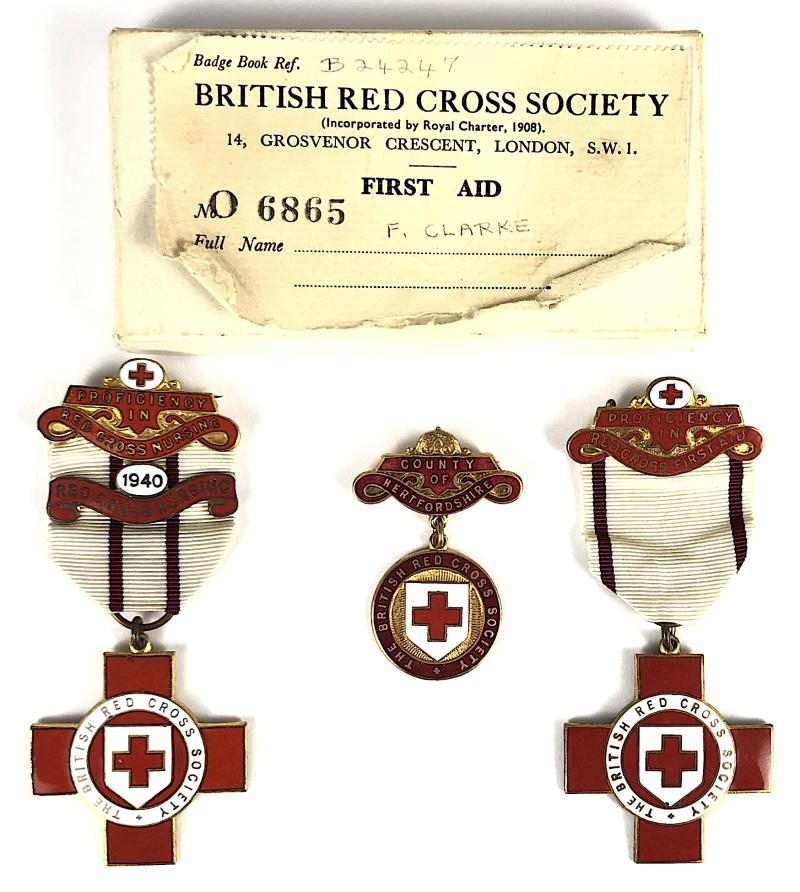 WW2 British Red Cross Society County of Hertfordshire badge & medals pair