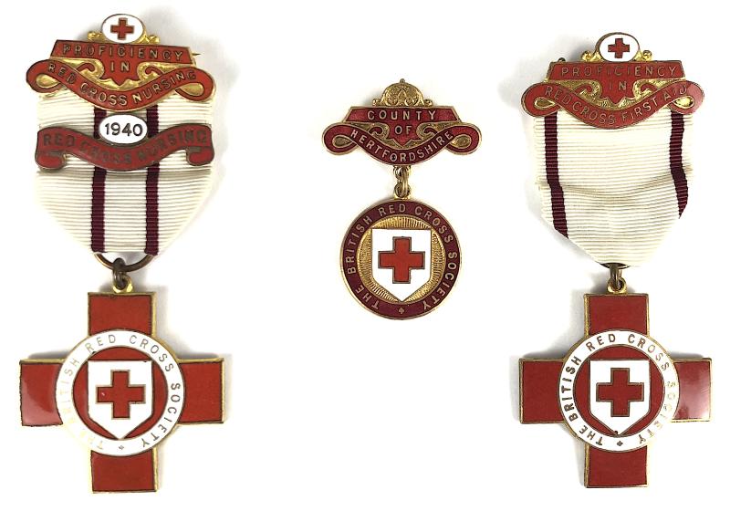 WW2 British Red Cross Society County of Hertfordshire badge & medals pair