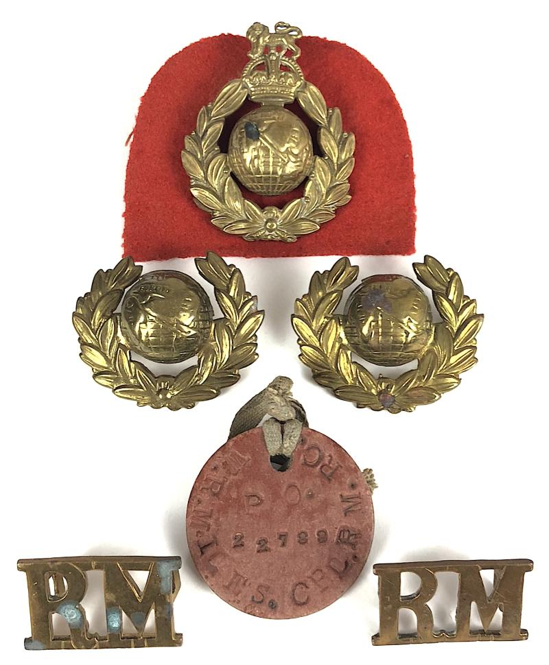 WW2 Royal Marines badges and identification dog tag