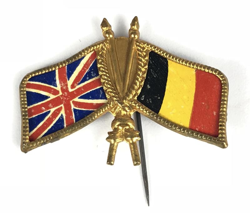 WW1 Britain and Belgium Alliance crossed flags fundraising pin badge