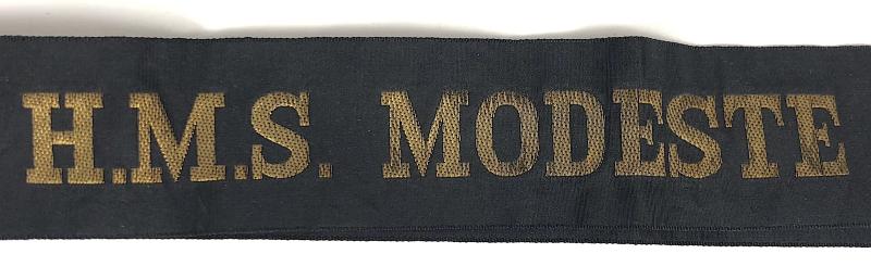 Royal Navy HMS Modeste cap tally ribbon tied in a bow 1944 - 1961