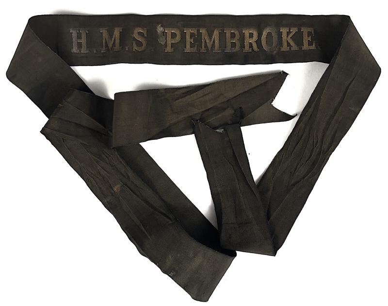 WW1 Royal Navy H.M.S. Pembroke cap tally silk ribbon 94mm.