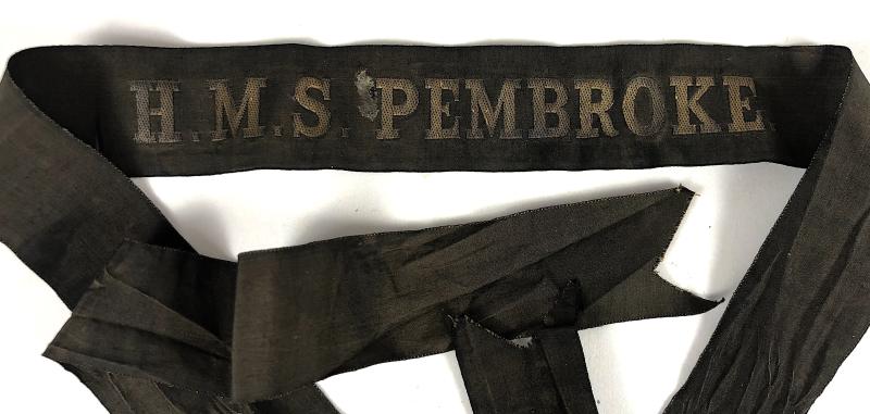 WW1 Royal Navy H.M.S. Pembroke cap tally silk ribbon 94mm.